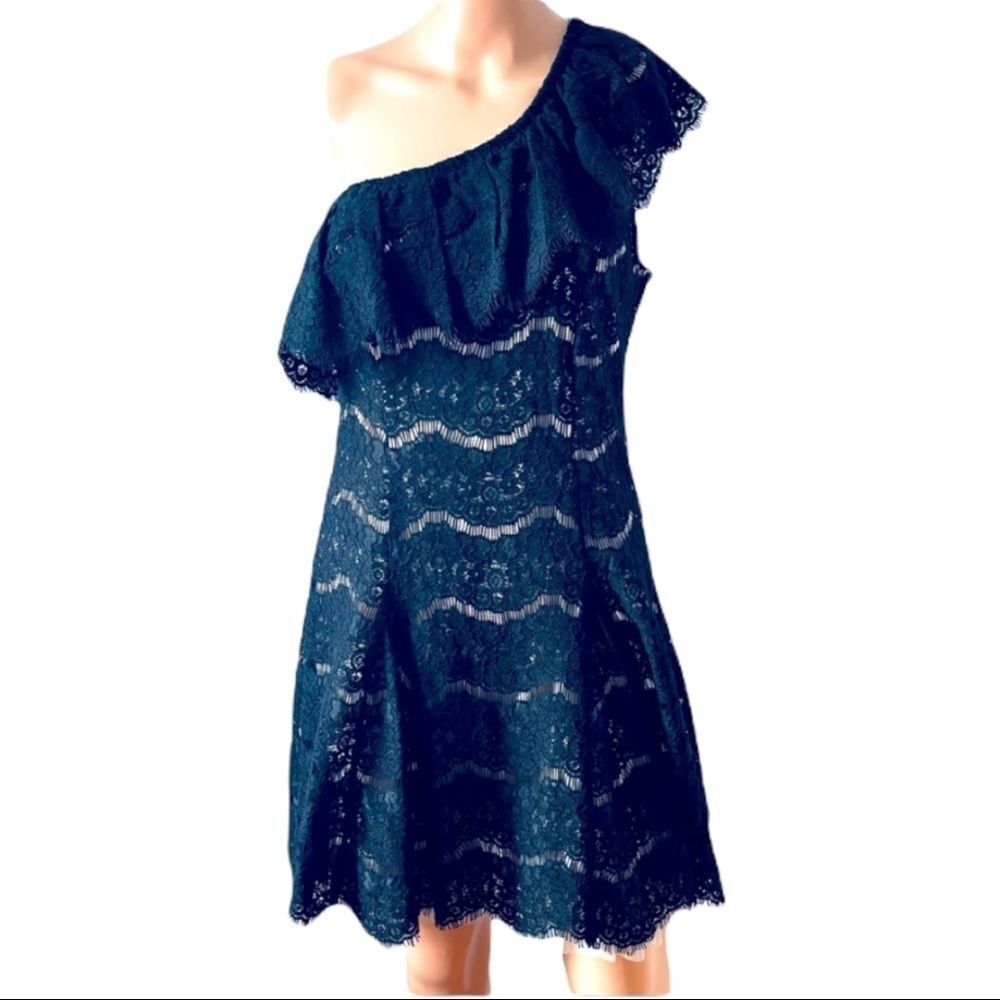 Francesca’s Black Lace Overlay One Shoulder Dress MEDIUM